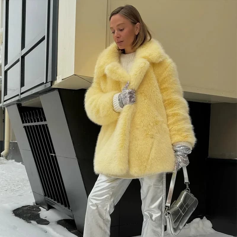 Manteau mi-long en fausse fourrure pour femme, revers solide, manches longues, pardessus chaud et do