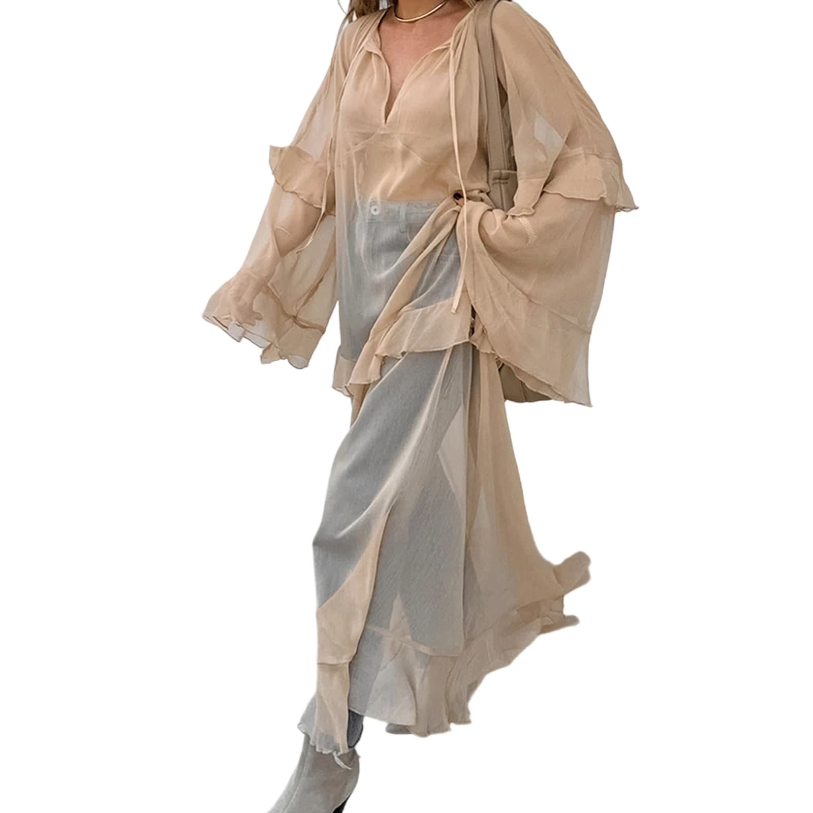 Robe longue printemps/été pour femmes, coupe ample, élégante, garniture à volants, couleur unie, col
