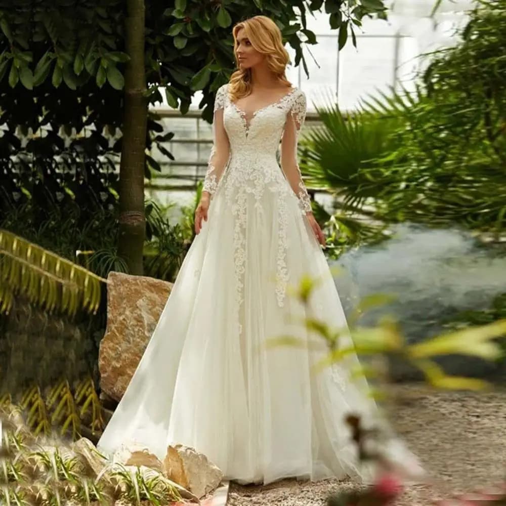 Robe de mariée à manches longues pour printemps et été, Simple, col en v, coupe cintrée, en mousseli