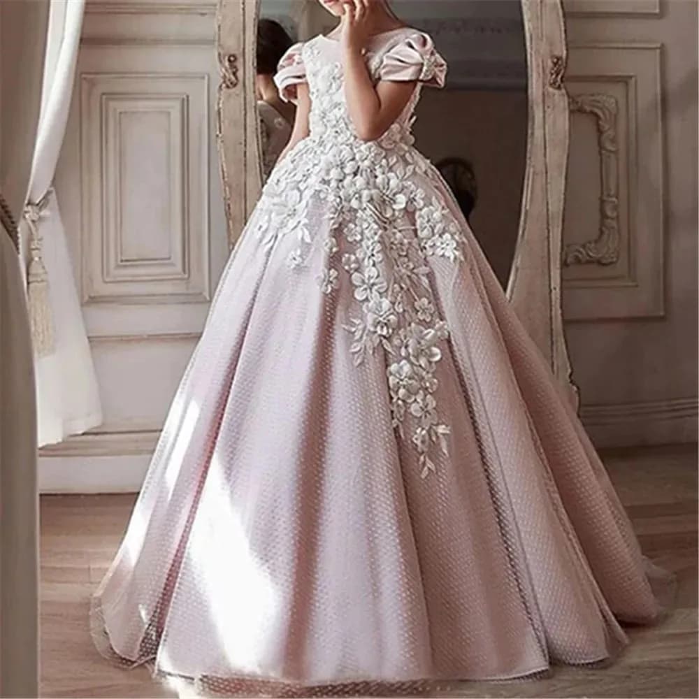 Robe de demoiselle d'honneur rose pour mariage, appliques florales 3D, robe élégante pour enfants, f