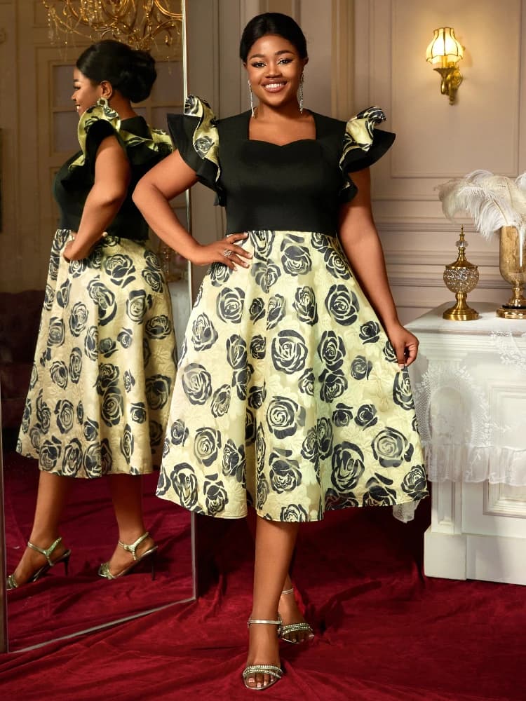 Robes trapèze en jacquard floral avec manches volantes, bloc de couleur, parfaites pour les mariages