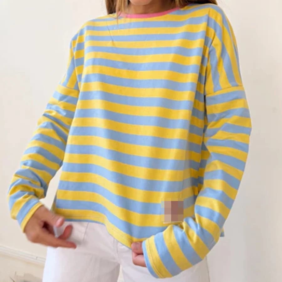 T-shirt à manches longues rayé bleu et jaune, chemises décontractées à rayures pour femmes, conforta