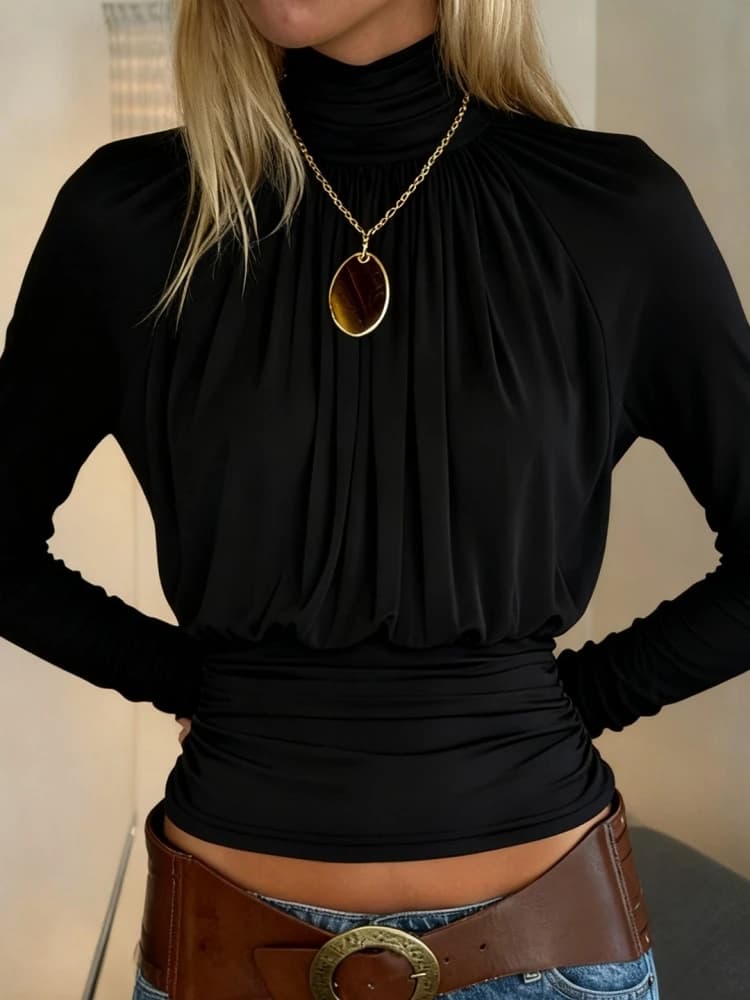 Solide noir t-shirts pour femmes vêtements élégants col roulé Camisetas haut pour femme à manches lo
