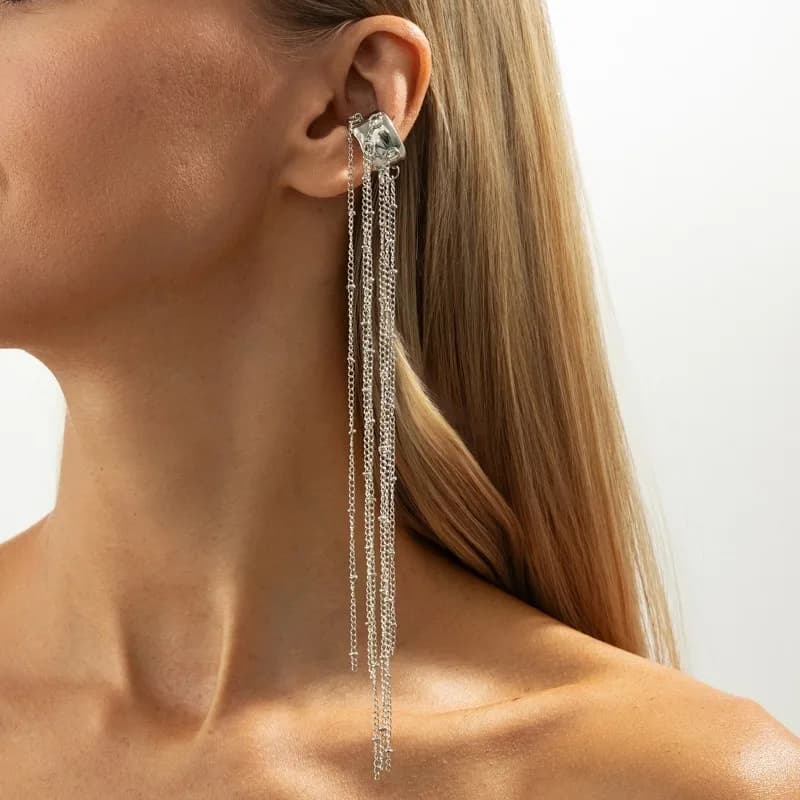 Nouvelle boucle d'oreille élégante à long pompon pour femmes, chaîne en métal argenté unique, forme 
