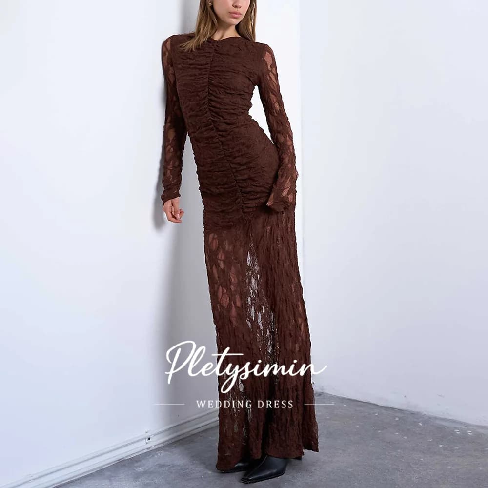 Robe de soirée sirène chic à col rond et manches longues en dentelle froissée, marron chocolat, styl