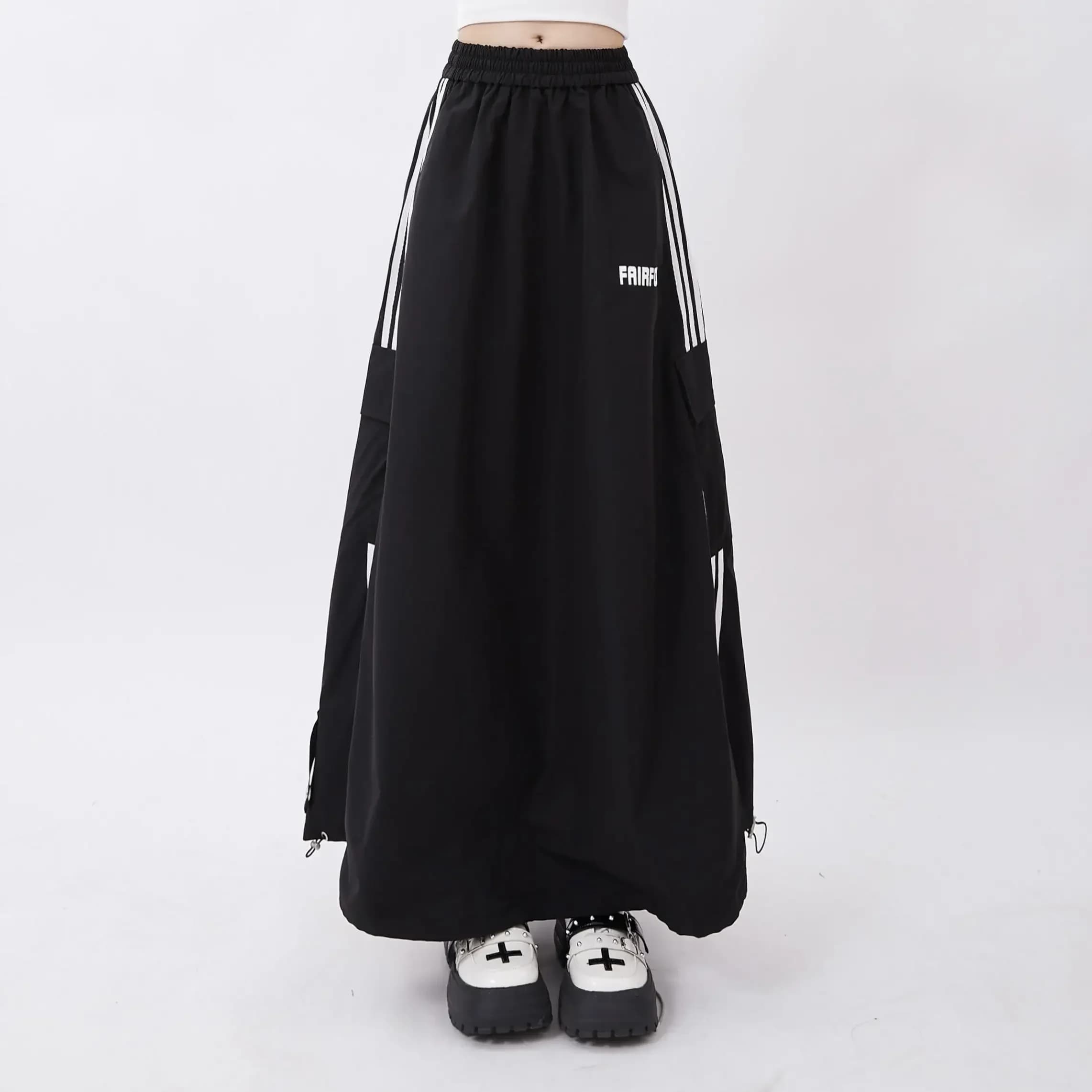 Jupes mi-longues noires à imprimé rayé pour femmes, taille haute décontractée, taille élastique, jup