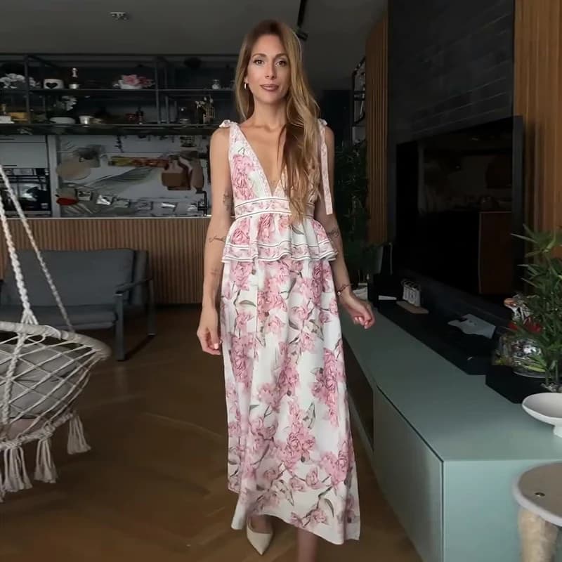 Robe longue élégante imprimée pour femme, col en V, dos nu, laçage, taille haute, ourlet à volants, 