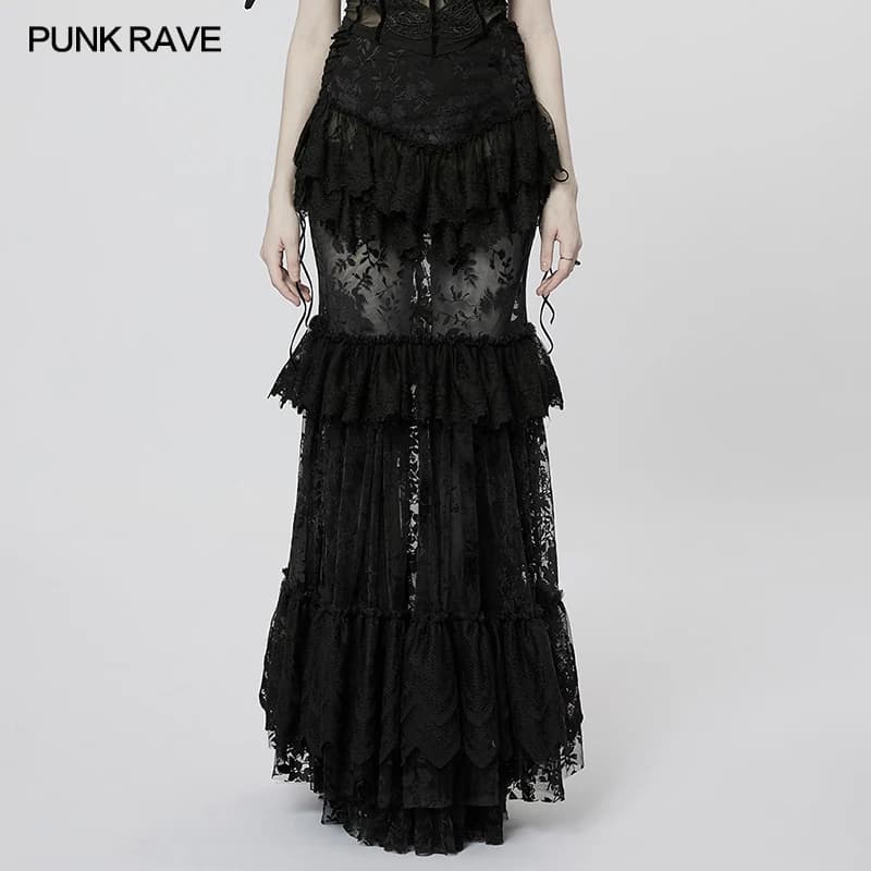 Jupe longue en dentelle avec cordon de serrage, style PUNK RAVE gothique pour femmes, magnifique jup
