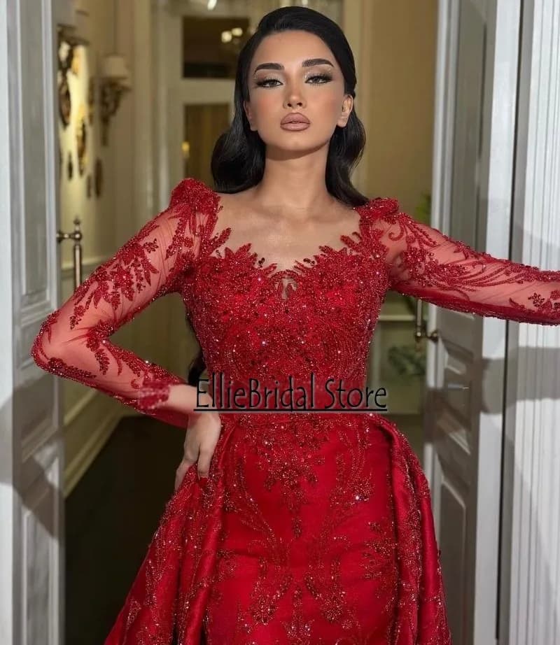 Robe de soirée rouge de luxe, manches longues, perles, Satin, modeste, sirène, robe de soirée de mar