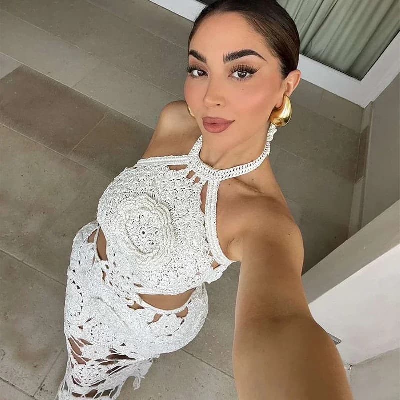Robes longues sexy crochet fleur au crochet femmes tricoté licou évider sans manches dos nu robe Max