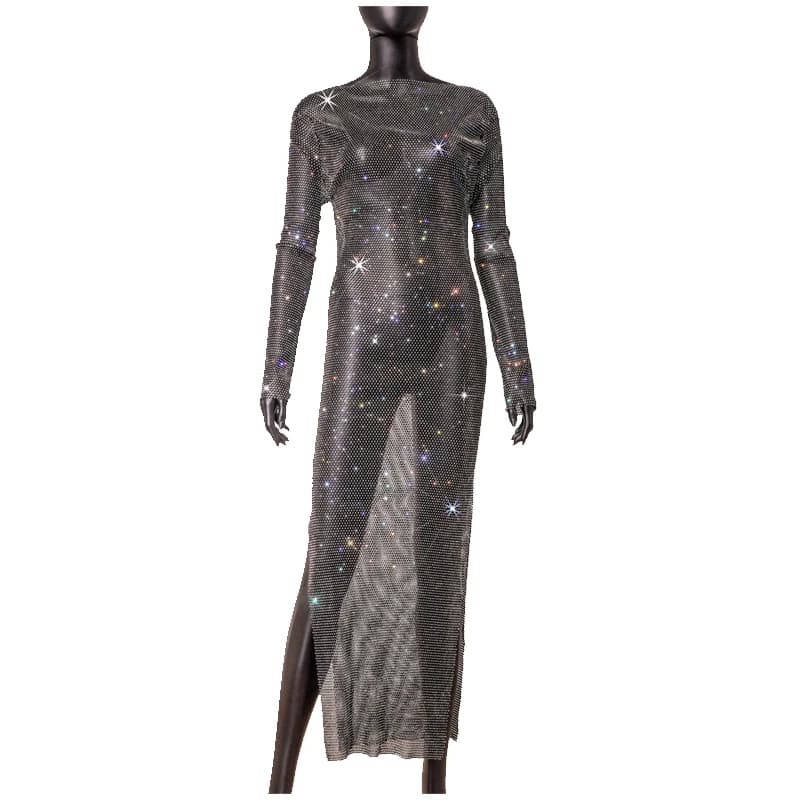 Robe longue de haute qualité pour femmes, ornée de strass étincelants, en résille, col rond, robe de