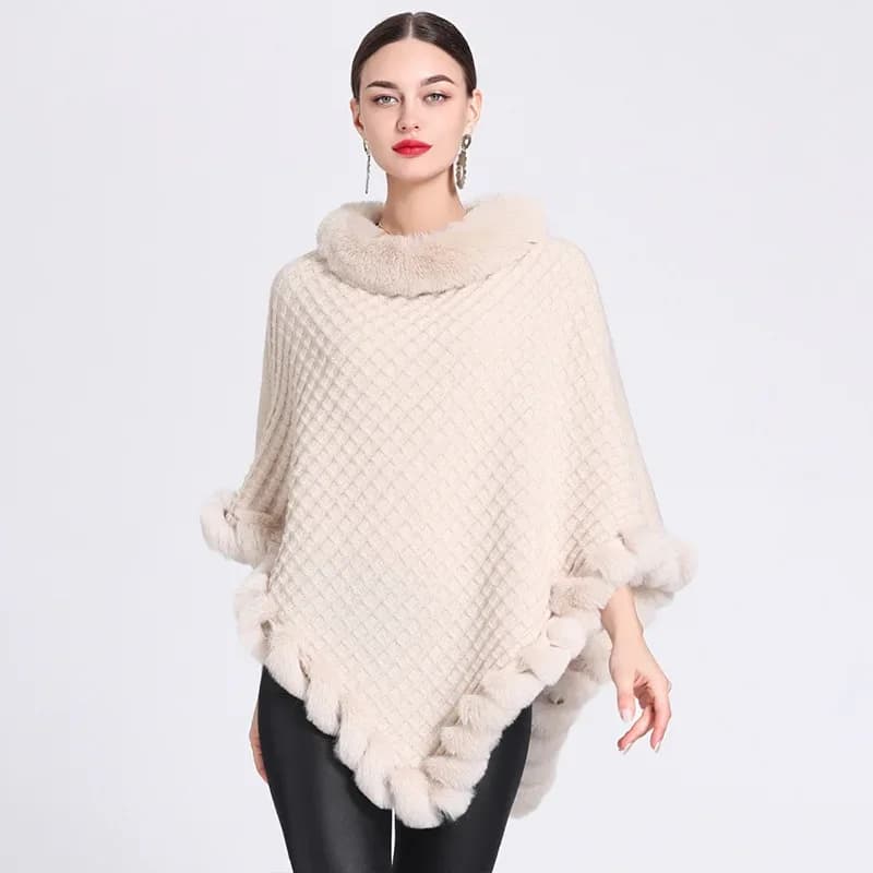 Cape Poncho ample pour femme, pull tricoté à carreaux en fausse fourrure de lapin, manches chauve-so