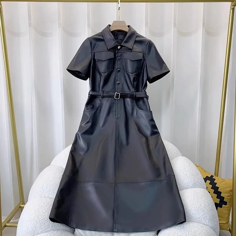Robe mi-longue élégante en cuir véritable pour femme, manches courtes, coupe couvertes, taille haute