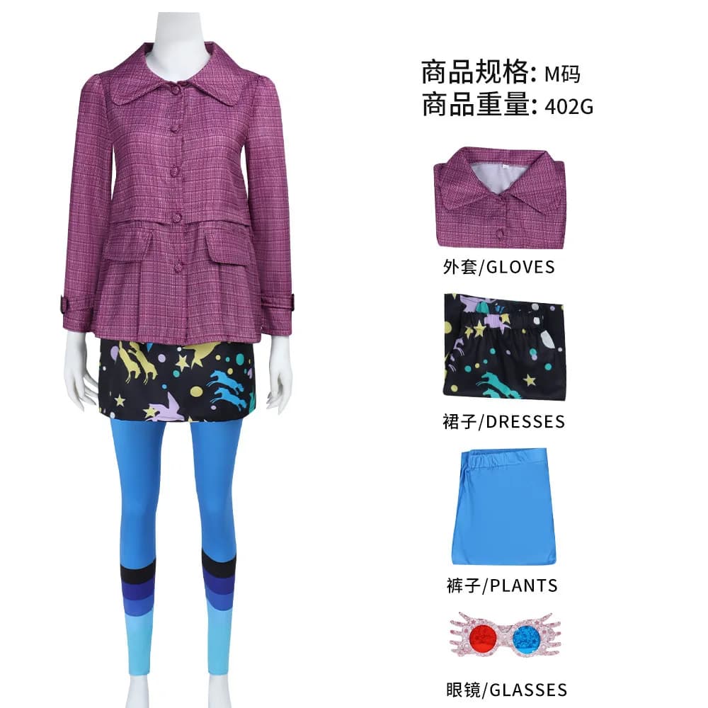 Déguisement Luna Lovegood Complet Costume "Loufoca" Veste Rose Jupe Imprimée Legging Bleu Tenue Hall