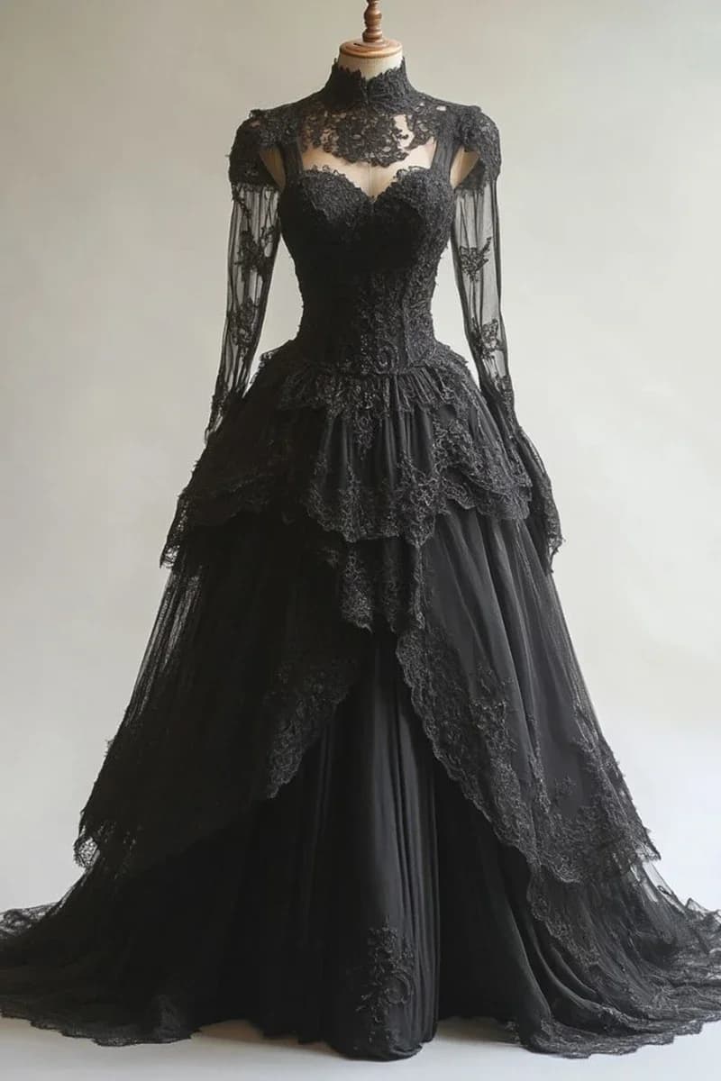 Robe de mariée noire vintage personnalisée, manches longues, appliques en dentelle, robe de patients