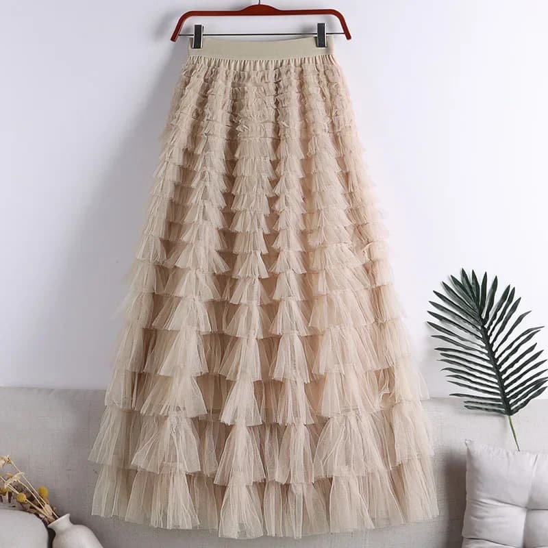 Nouvelles jupes longues pour femmes, style A-line, unies, élégantes, à volants en cascade, taille él