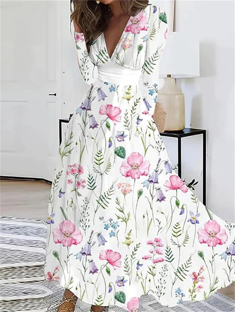 Robe longue élégante à imprimé floral pour femmes, Sexy, col en v, manches longues, mode, robe de ba