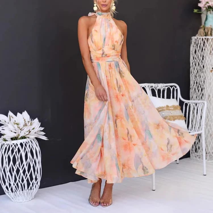 Robe longue femmes imprimer robes licou cou sans manches dos nu à lacets Maxi robe une ligne femme 2