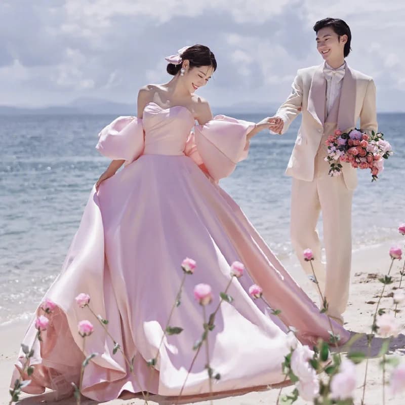 Robe de Soirée de Mariage en Satin Rose Clair, Jupe Bouffante à Longue Queue, Photo Personnalisée