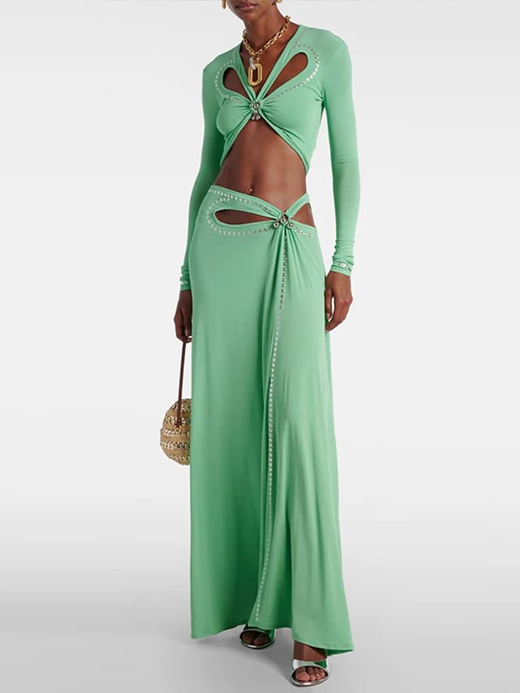 Nouvel ensemble 2 pièces jupe et haut asymétrique à manches longues ajouré pour femme, avec haut cou