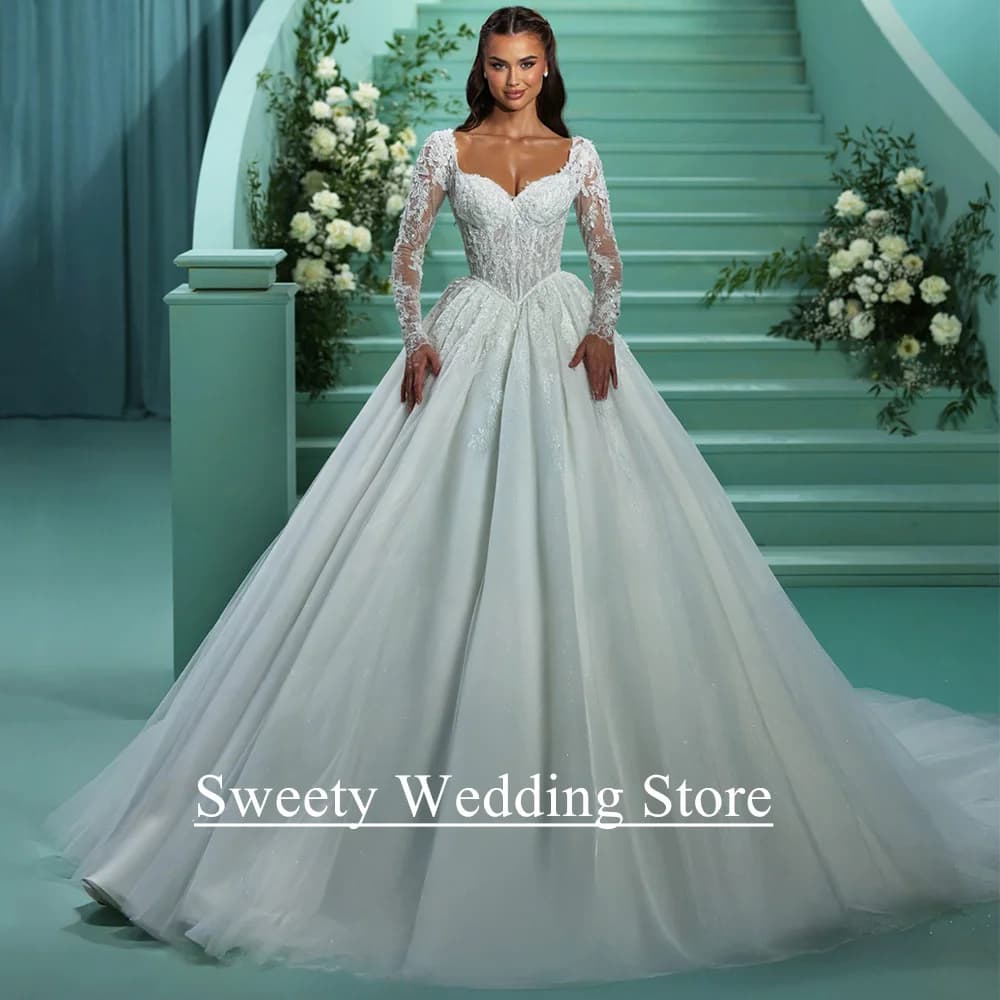 Robe de mariée arabe personnalisée, manches longues, perles, paillettes, dentelle appliquée, traîne 