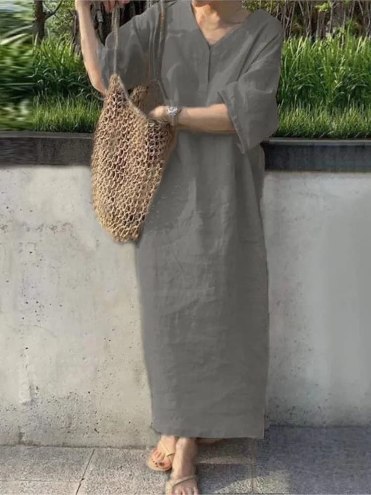 Robe longue vintage en coton et lin pour femmes, manches courtes, col en V, solide, document décontr