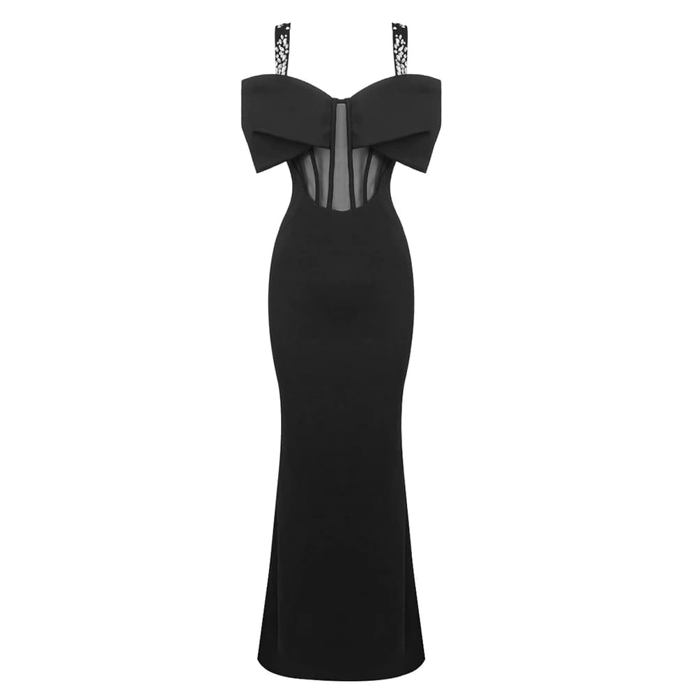 Robe longue glamour noire à bretelles spaghetti avec nœud et découpe transparente - Détails - Robe d