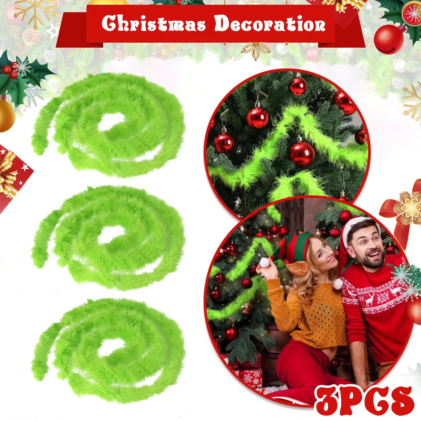 Guirlande de noël 3 pièces 20 pieds, guirlandes en fourrure verte, Design festif, ensemble d'accesso