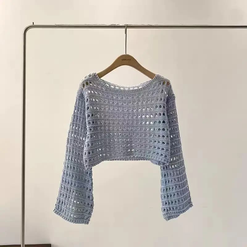 Haut en tricot au Crochet à manches longues pour femmes, Cover-Up pour Bikini de plage, pull court e