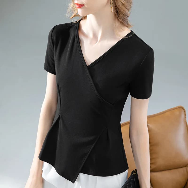 T-shirt à manches courtes pour femmes, col en V croisé, chemises de travail sexy en coton, nouvelle 