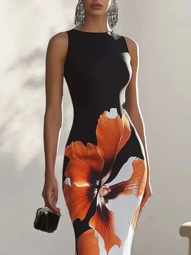 Robe longue élégante sans manches, nouvelle collection 2025, imprimé européen et américain