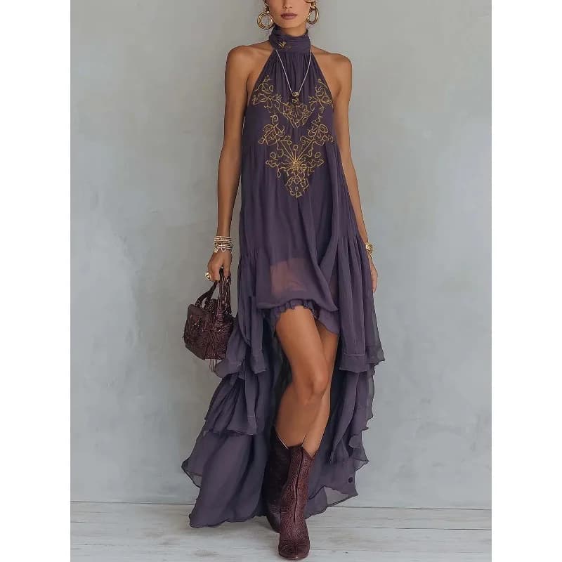 Robe longue violette brodée à col montant sans manches avec volants, robe de soirée maxi printemps-é