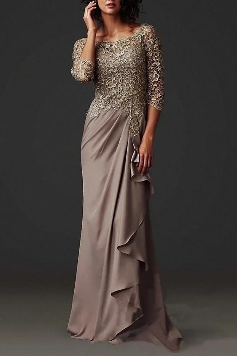 Robes de mère de la mariée marron D10, col rond, manches 2023, plissé, mousseline de soie, dentelle 