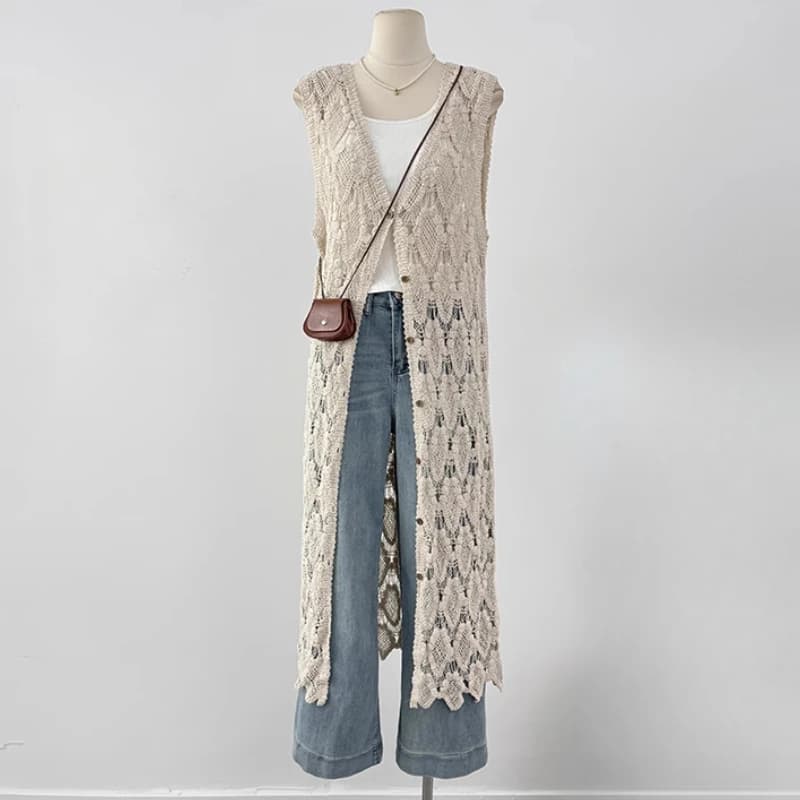 Robe longue Vintage en dentelle ajourée au Crochet pour femmes, sans manches, en coton tricoté, styl
