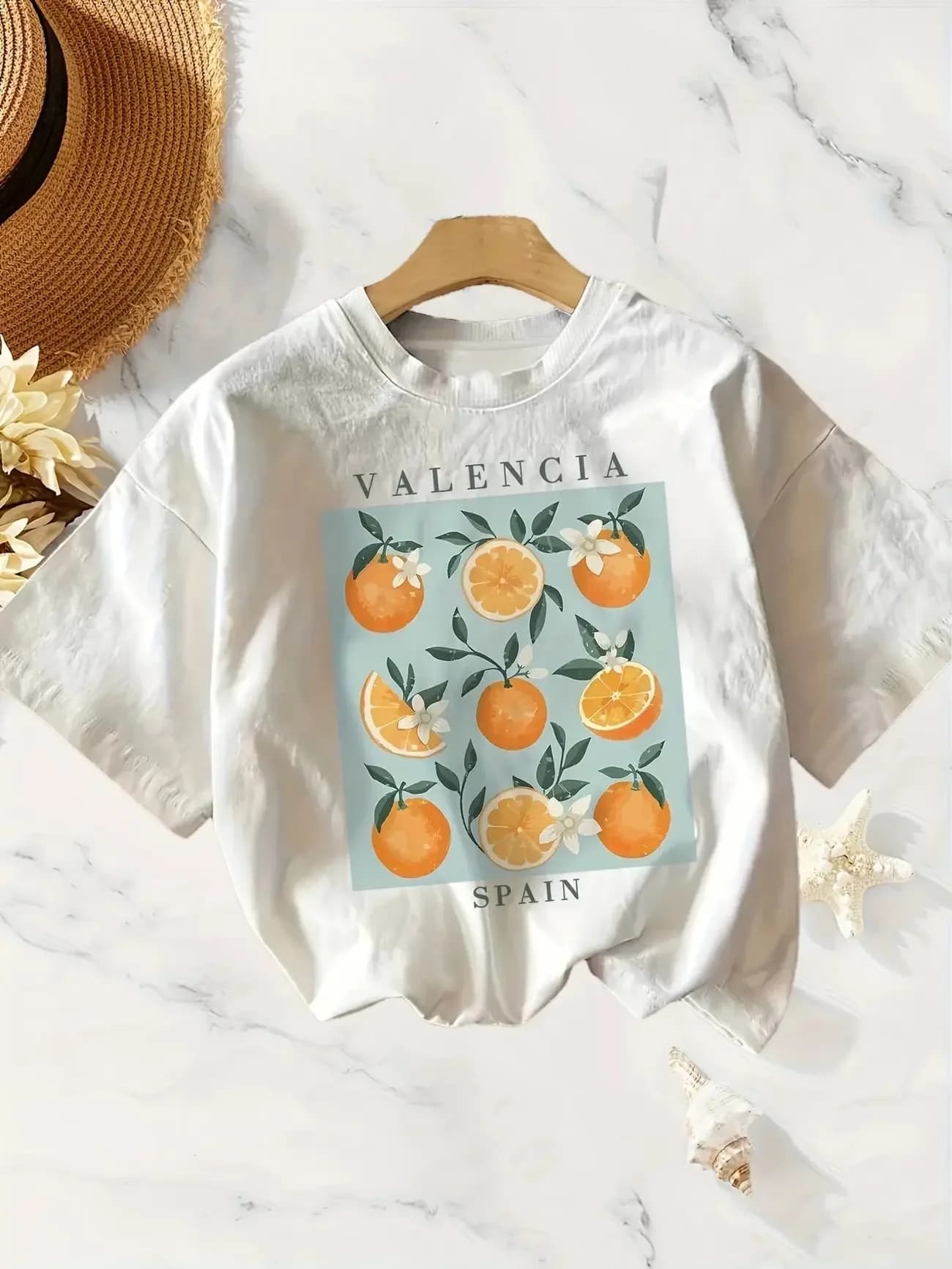 Orange imprimé femmes à manches courtes col rond t-shirt mode vêtements d'été Valencia espagne graph