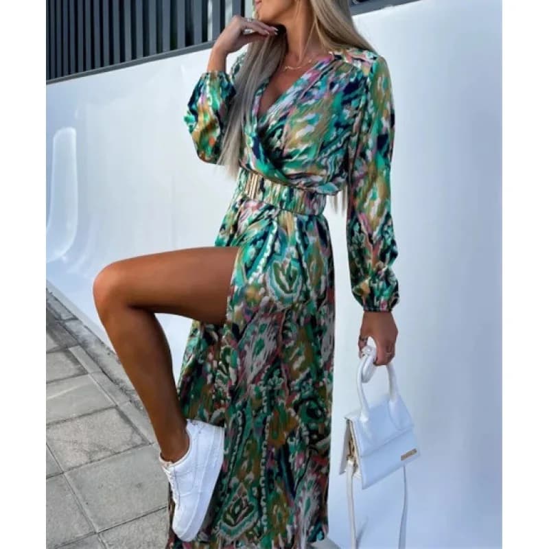 Robe longue à imprimé Floral pour femmes, élégante, Sexy, décolleté en v profond, fente haute, ceint