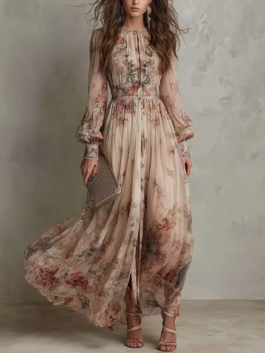 Robe longue plissée bohème vintage imprimée, col rond, manches longues, grande jupe évasée, pour fem