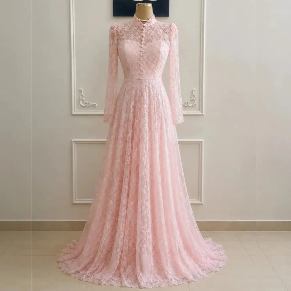 Robes de mariée personnalisées de haute qualité à manches longues, en dentelle, boutonnées, coupe tr