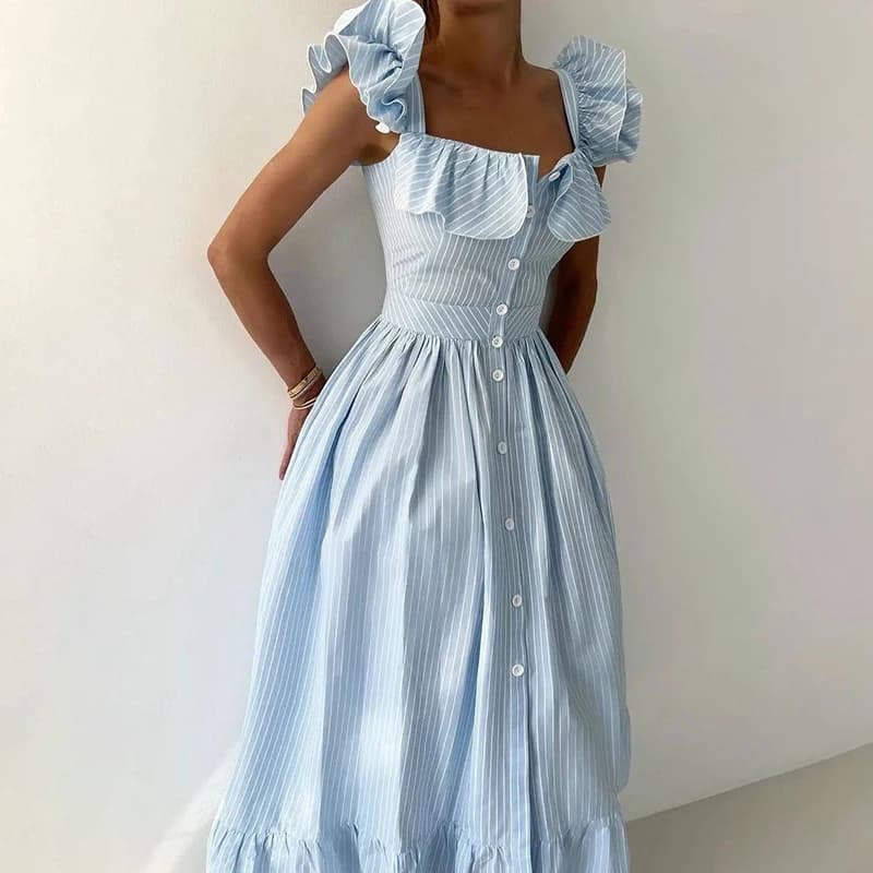 Robe longue rayée élégante pour femmes, couleur unie, col en v, sans manches, simple boutonnage, dra