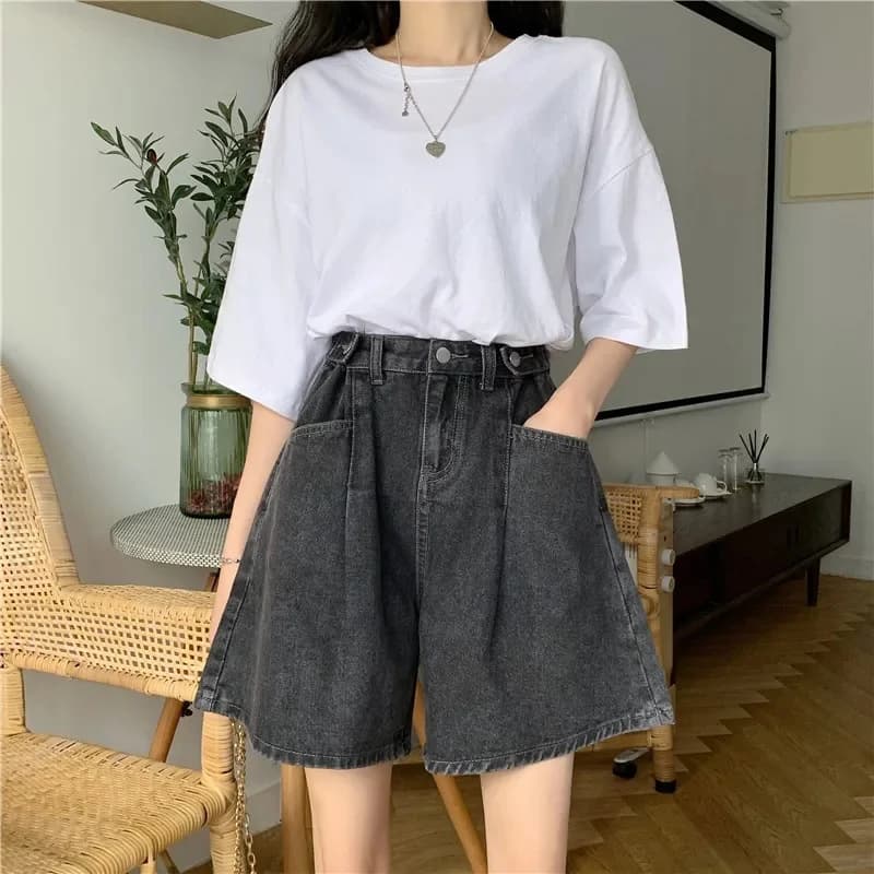 Jean taille haute coupe droite pour femme, short polyvalent d'été ample grande taille amincissant, s