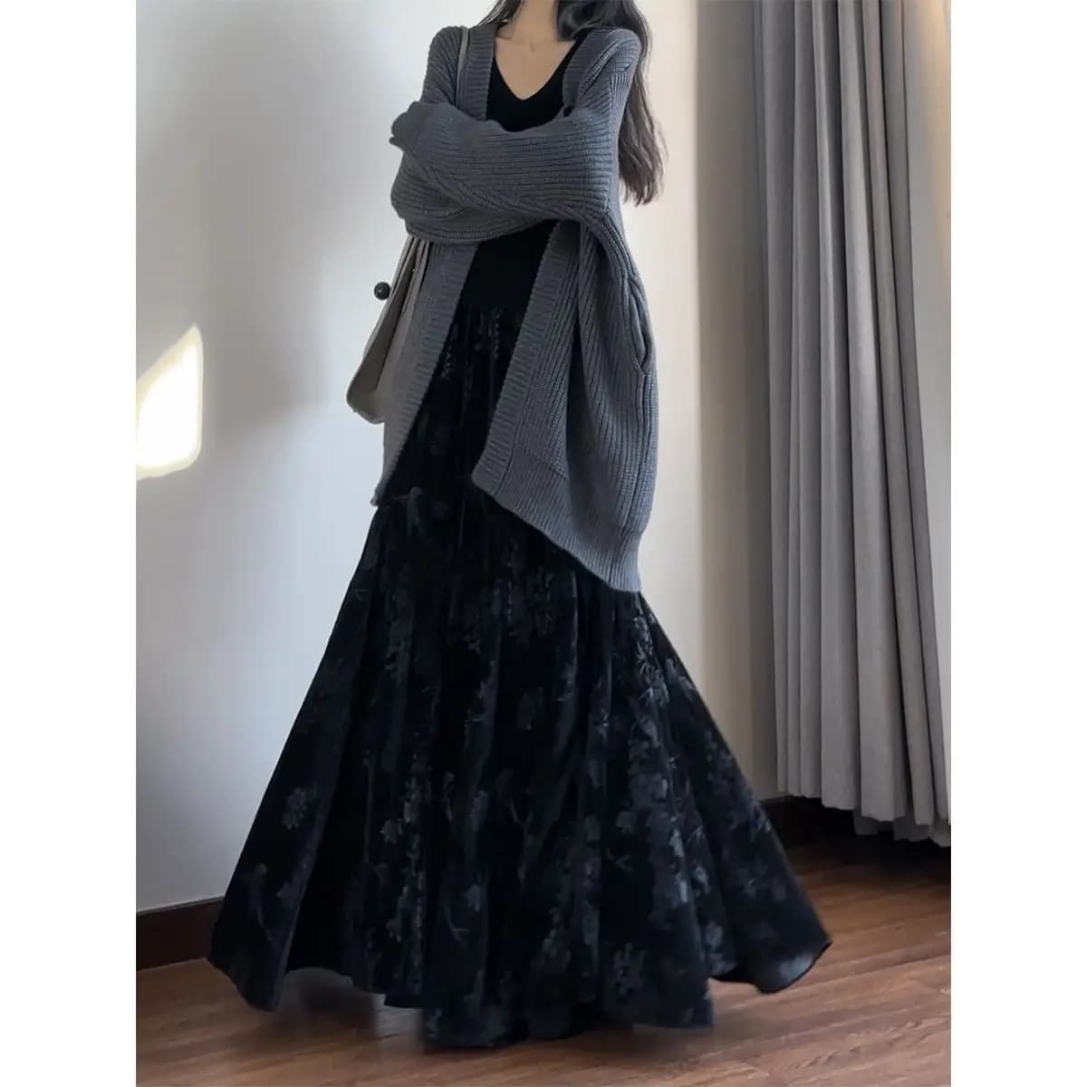 Jupe longue en velours taille haute, style chinois imprimé, élégante pour le quotidien, mi-extensibl