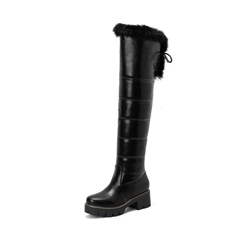 Cuissardes hautes femmes mode hiver chaud en peluche bout rond talons hauts robe de soirée dames noi