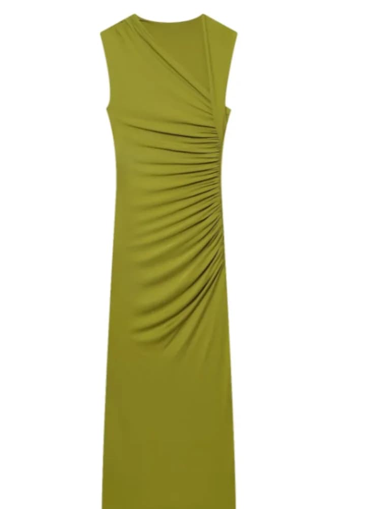 Robe moulante asymétrique sexy pour femme, élégante, unie, sans manches, plissée, taille haute, long