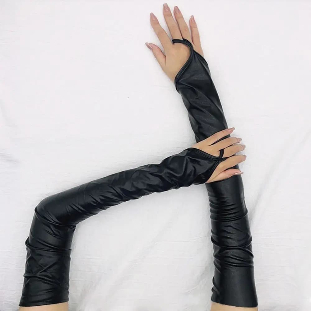 Mitaines fines et longues en cuir Pu, couleur unie, pour discothèque, Cosplay, sans doigts