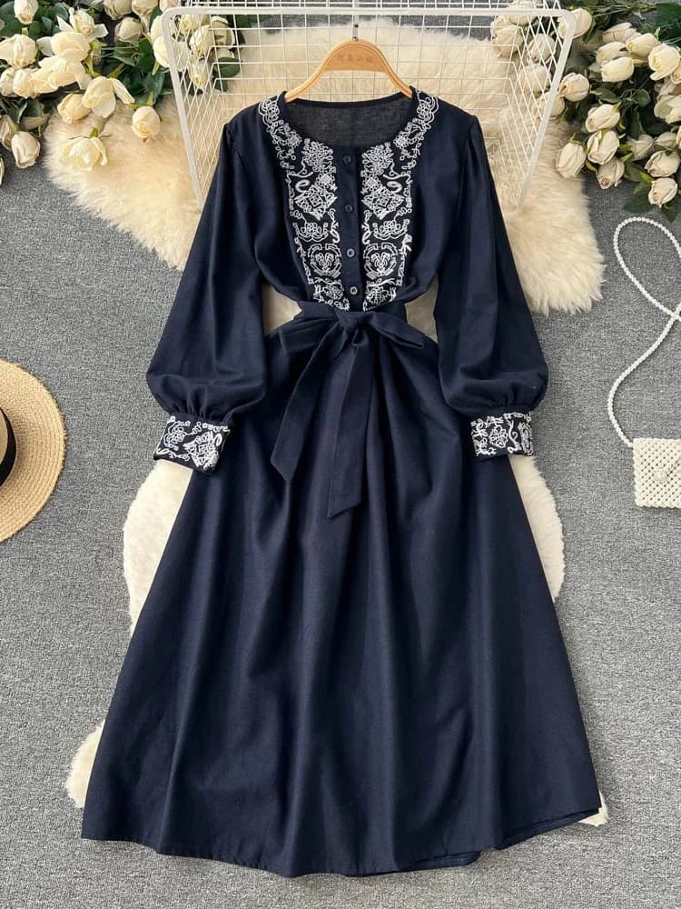 Robe longue en coton et lin pour femme, style folklorique bohème, broderie, taille vintage, vacances