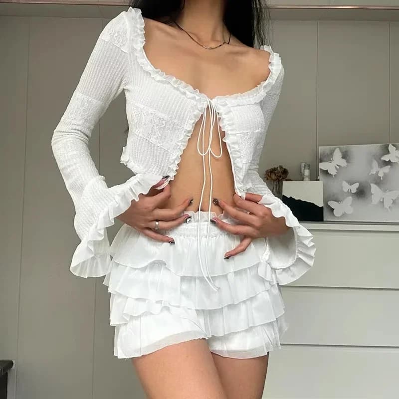 Mini jupe Sexy pour femmes, ensemble deux pièces, Cardigan à bretelles, haut à volants, Mini jupe su