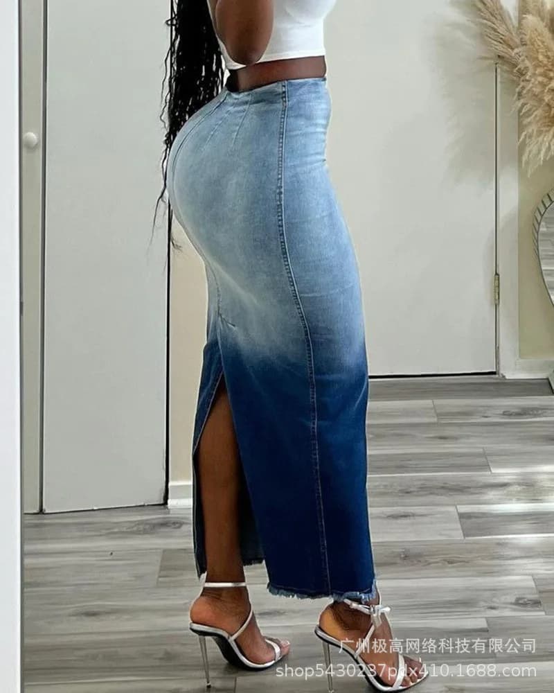 Robe courte en denim à imprimé tie-dye pour femme, jupes élégantes, ourlet brut, mode décontractée, 
