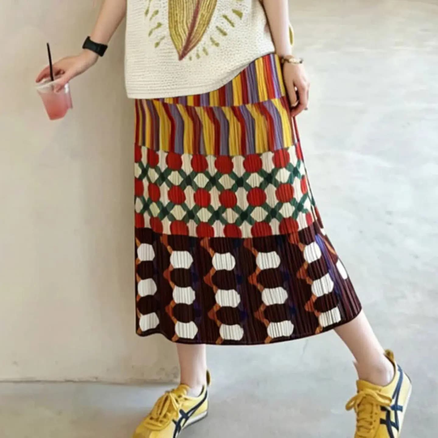 Jupe longue plissée Miyake géométrique color-block, nouvelle collection été 2026, vintage, colorée, 