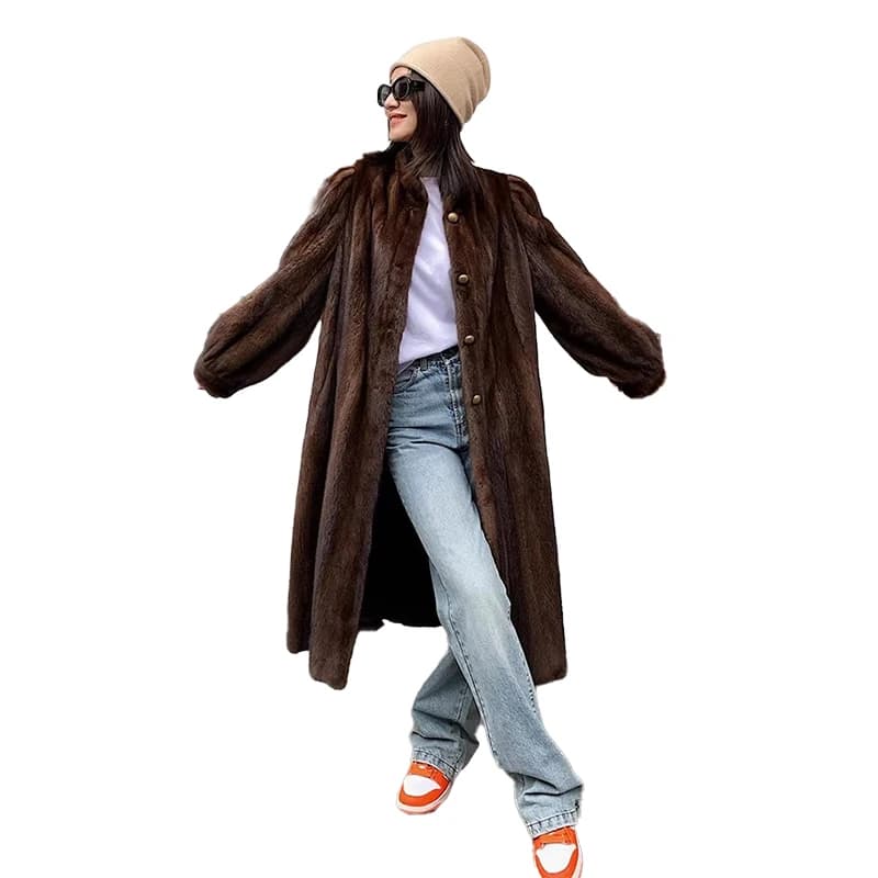 Mauroicardi-Manteau Long Marron en Fausse Fourrure de Vison pour Femme, Manches Bouffantes, Vêtement