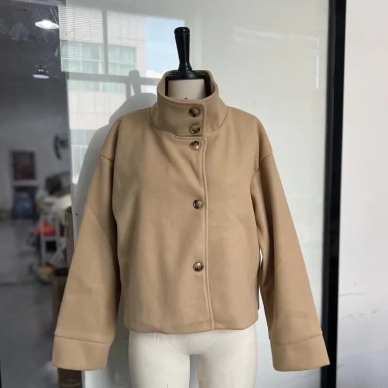 Manteau court en laine pour femme, col montant, manches longues, ample, fermeture éclair, veste d'ex